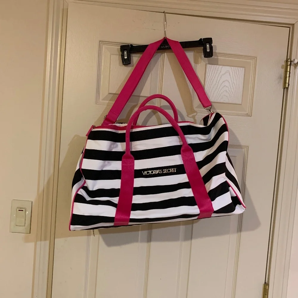 Victoria’s Secret Black/White/Pink Canvas Duffle Tote Bag